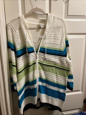 CJ Banks White, Blue & Green Striped Hooded Cardigan